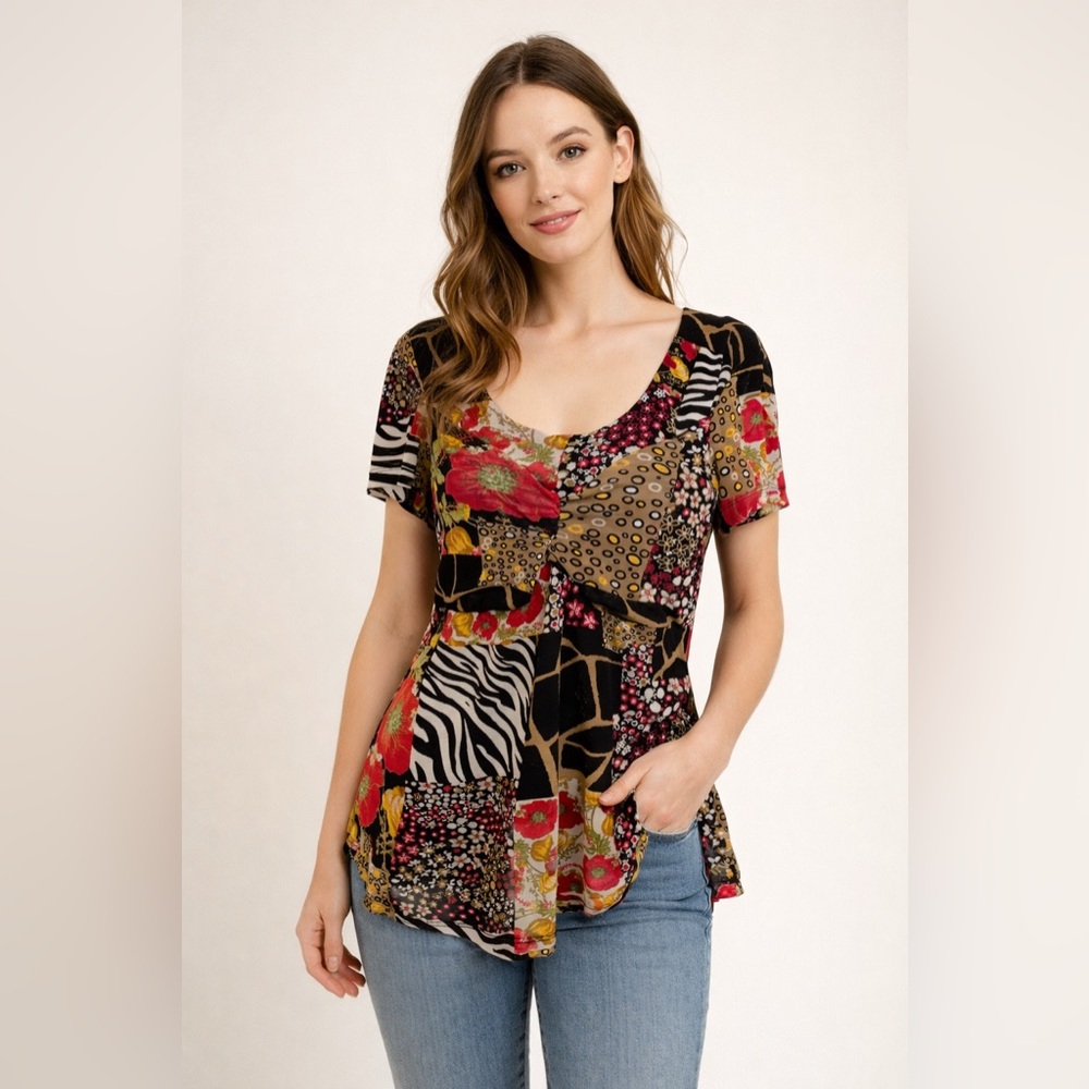 Simply French vintage Colorful Short Sleeve Top, size L